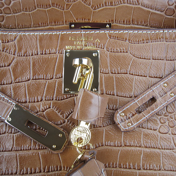 7A Replica Hermes Kelly 32cm Crocodile Veins Leather Bag Light Coffee 6108